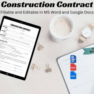 Editable Construction Contract Agreement Template Construction Agreement Form, Printable General Construction work contract PDF & MS Word