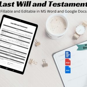 Last Will and Testament Template Editable Testament form, Printable Template for a will, Personalized will, Basic Will Template PDF MS Word