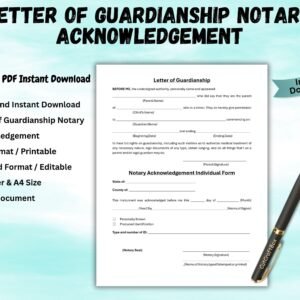 Letter of Guardianship Notary Acknowledgement Individual Form Child Custody Document Notary Form Child Care Agreement Family Agreement Word