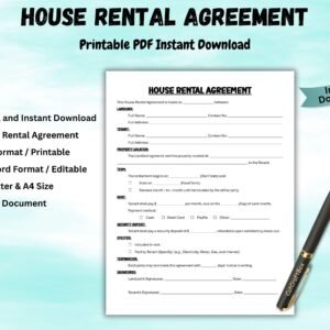 House Rental Agreement Template Editable Residential Housing Contract Single Page Landlord Form Property Lease Agreement Residential Lease