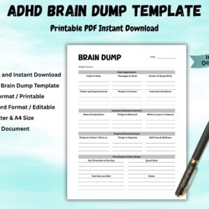 Editable ADHD Brain Dump Daily Mental Clarity Worksheet ADHD Planner Daily To Do List, Adhd Task Organizer Productivity Planner Word & PDF