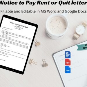 Notice to Pay Rent or Quit Letter Rent Arrears Payment Notice Pay Rent or Vacate Notice Tenant Rent Demand Letter Pay Rent or Eviction PDF