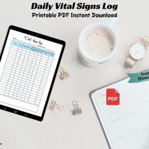 Printable Vital Signs Log Daily Vital Sign chart Nursing Vital Log Sheet Caregiver tracker Blood Sugar Blood Pressure Log Vital Signs Record