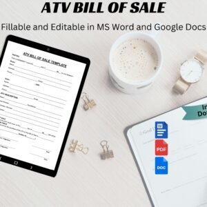 ATV Bill of Sale Template Editable Bill of Sale Vehicle Bill of Sale ATV Sale Form Gym Equipment Bill of Sale Auto Bill of sale