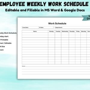 Editable Employee Weekly Work Schedule Weekly Staff Schedule Weekly Work Schedule Employee Hours Employee weekly Time Sheet weekly time card