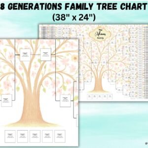 Editable 8-Generation Family Tree Canva Template â€“ Hand-Drawn Leafy Tree with Flowing Branches Ancestral Pedigree Chart Ancestral Genealogy