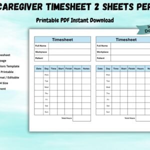 Editable Caregiver Timesheet Home Health Care Time Sheet Caregiver Hours Biweekly Caregiver Schedule Home Care Shift Log Checklist Word PDF
