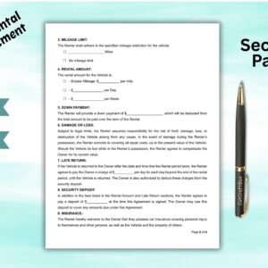 Editable Car Rental Agreement Template Car Rental Contract Form Auto Rental Agreement Printable Vehicle Rental Lease Contract Word & PDF