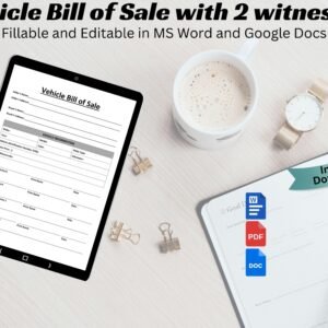 Vehicle Bill of Sale Printable Motor Vehicle Bill of Sale with 2 witnesses Vehicle Bill of Sale Editable Google Docs WORD & PDF Bill of Sale