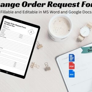 Editable Change Order Request Form Construction Contractor Builder Track Change Orders form Project Management modification Renovation form
